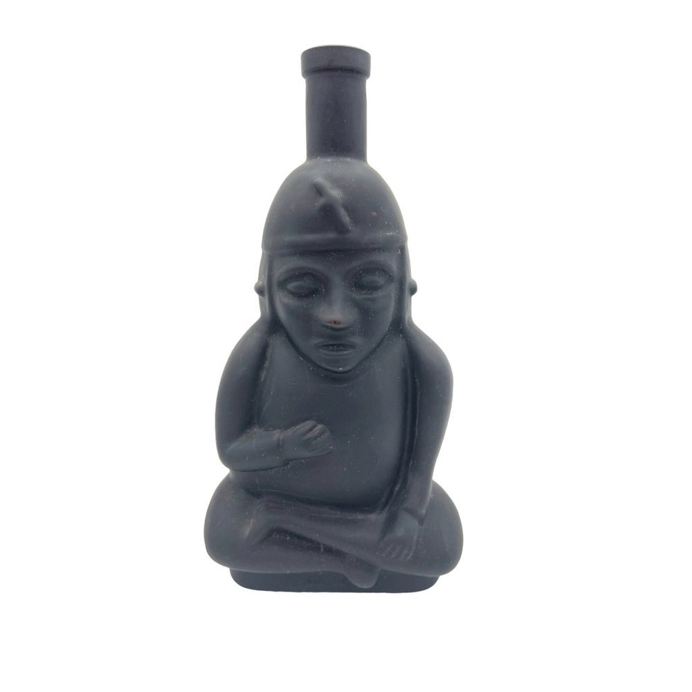 Vintage Inca Pisco Empty Black Bottle Seated Tiki Idol Design Lima Peru 10"